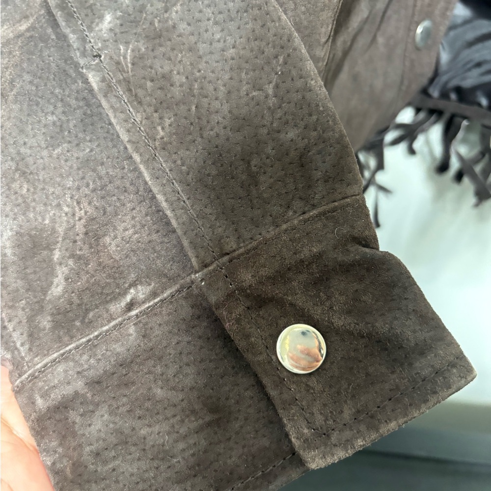 Western Leather brown  fringe snap jacket boho Stagecoach cowboy festival - Picture 10 of 16